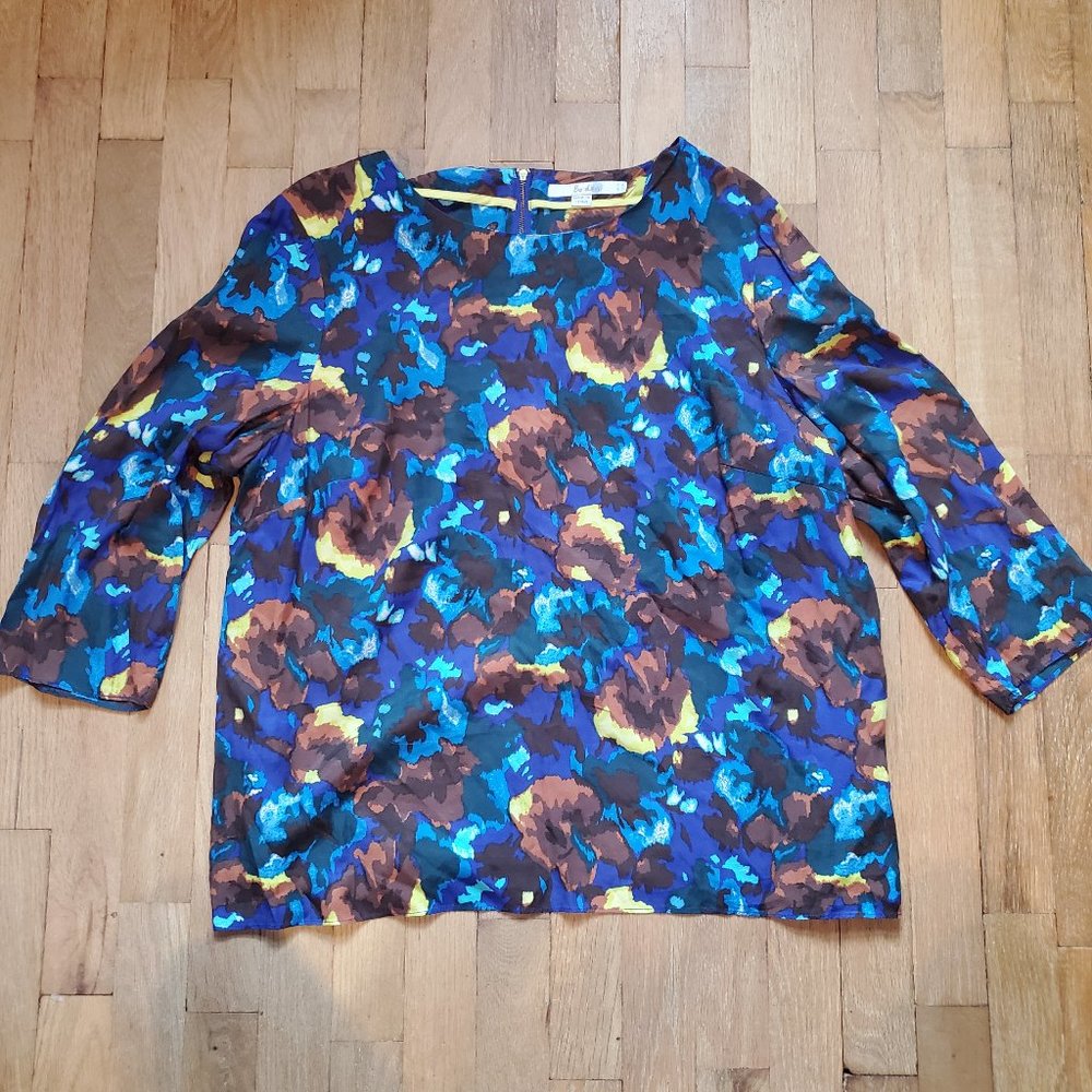 Boden Eliza Blouse Top Floral Pattern Women's Size 16 Blue Brown Yellow